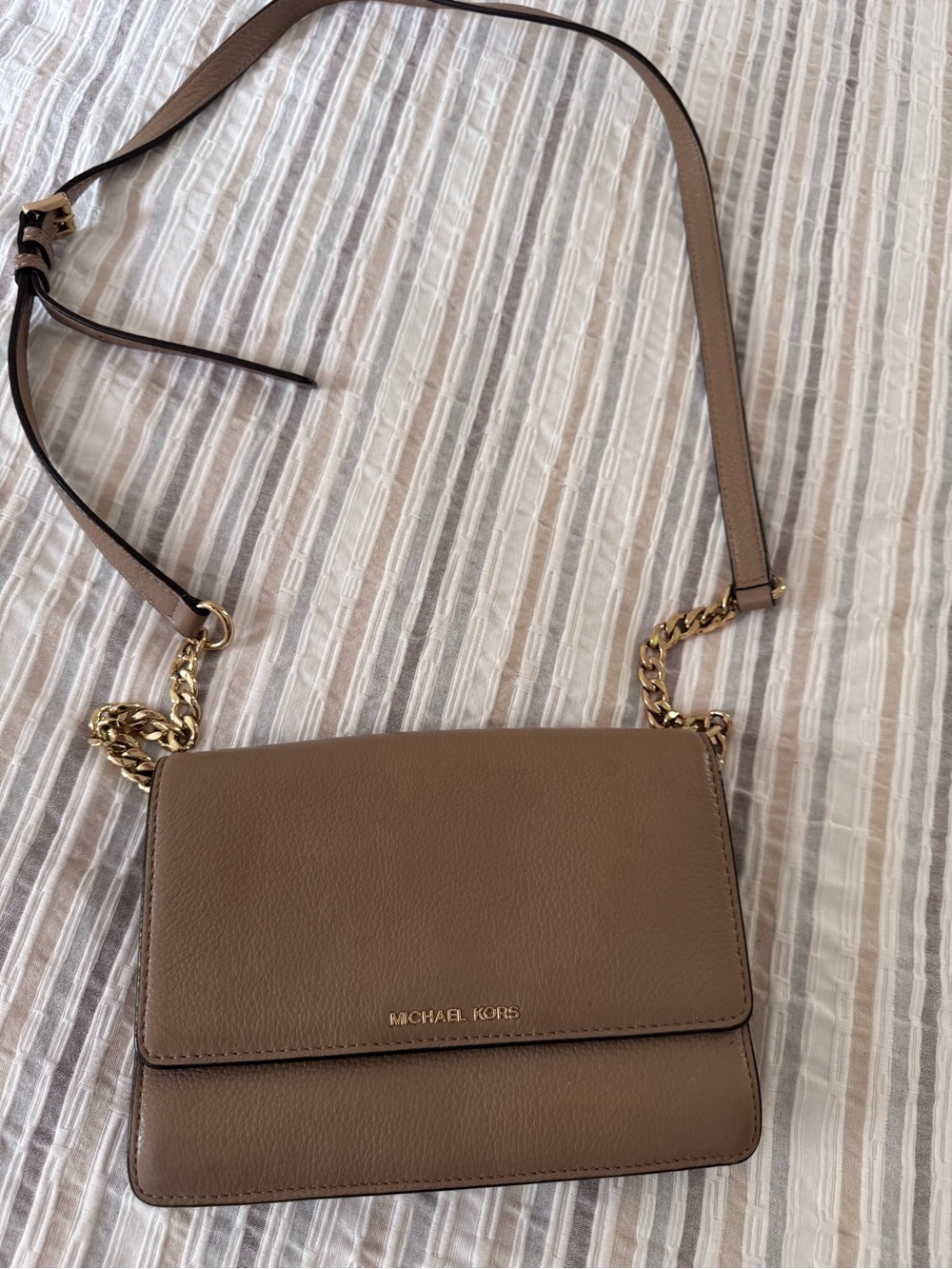 Michael Kors Daniela Taupe Leather Crossbody with Gold Chain Strap